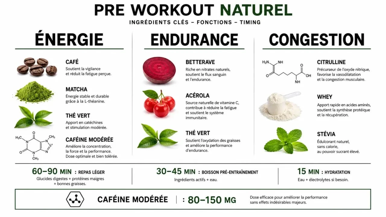 Pre workout naturel : tableau visuel des ingrédients, du timing et des objectifs sportifs
