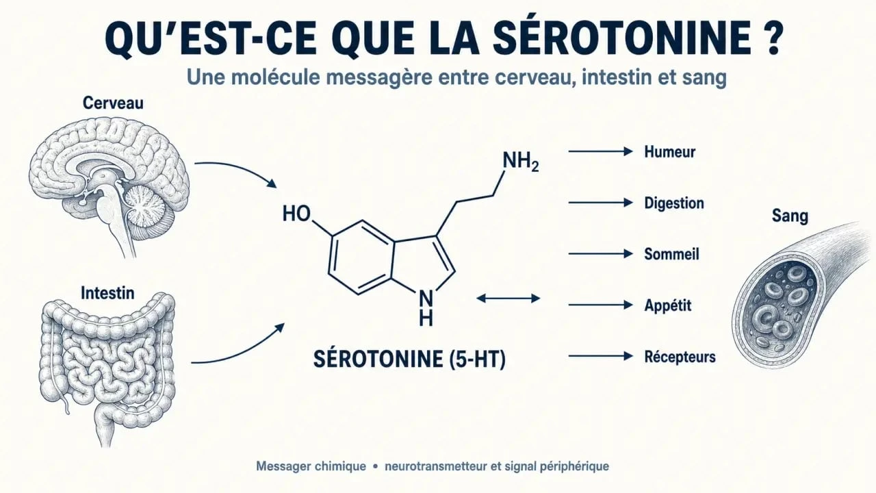 Qu est ce que la serotonine : schéma du rôle de la sérotonine entre intestin, cerveau, humeur et digestion