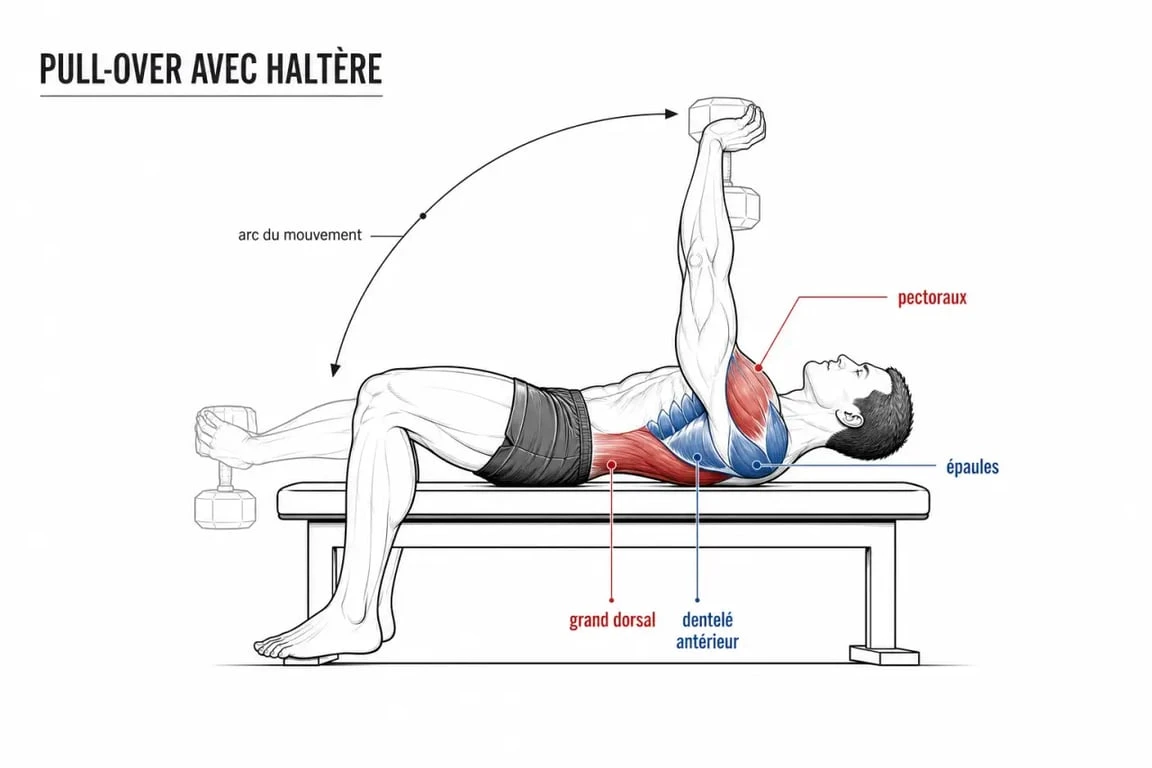 Schéma du pull over musculation montrant l’arc de mouvement et les muscles sollicités