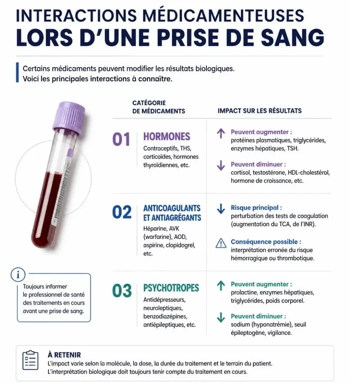 Infographie explicative sur les médicaments pouvant fausser une prise de sang et les précautions à prendre.