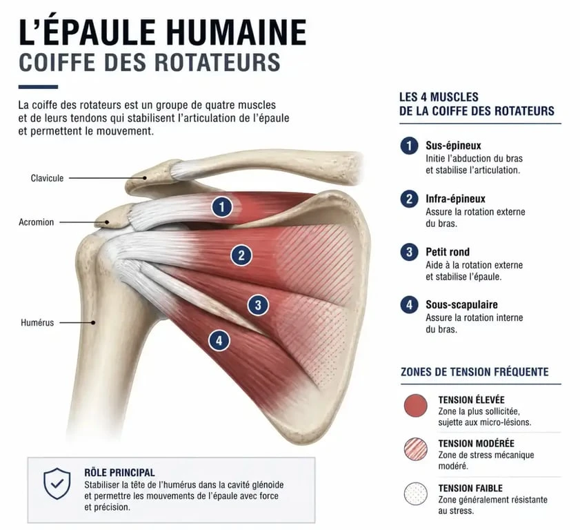 Schéma anatomique de l'épaule et approche de l'ostéopathe pour une tendinite