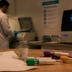 Quel médicament peut fausser une prise de sang ? Ordonnance et tubes de prélèvement en laboratoire.