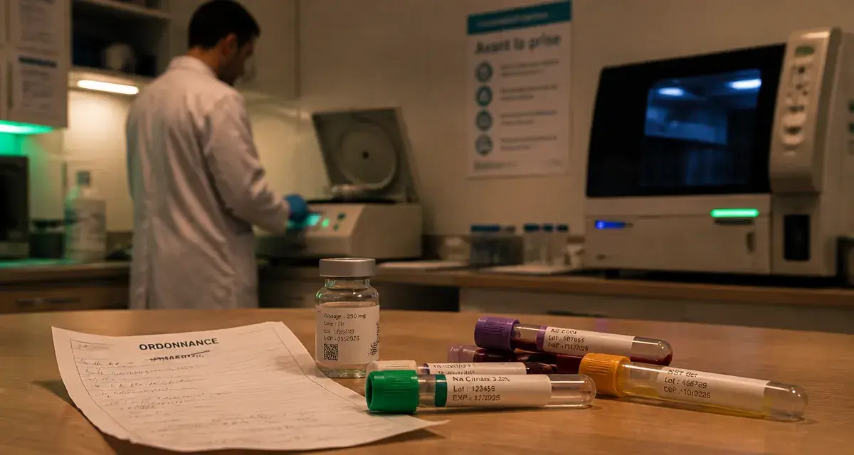 Quel médicament peut fausser une prise de sang ? Ordonnance et tubes de prélèvement en laboratoire.