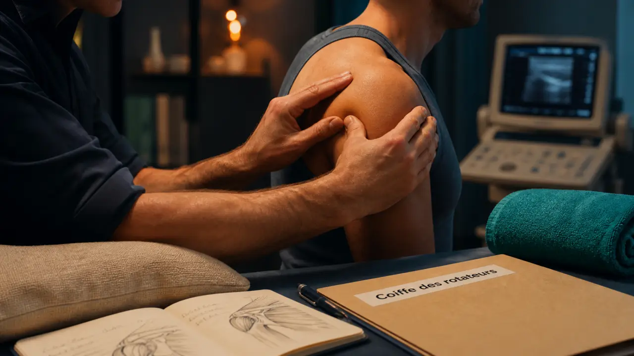 Tendinite épaule ostéopathe : palper coiffe des rotateurs en consultation
