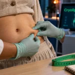 Bourrelet au ventre : pincement du pli et ruban de mesure, cryolipolyse