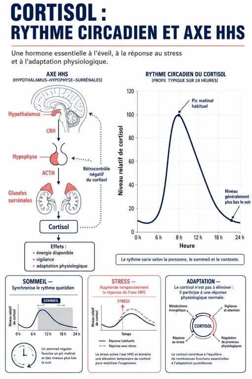 Infographie détox cortisol : axe du cortisol, rythme circadien, stress et sommeil