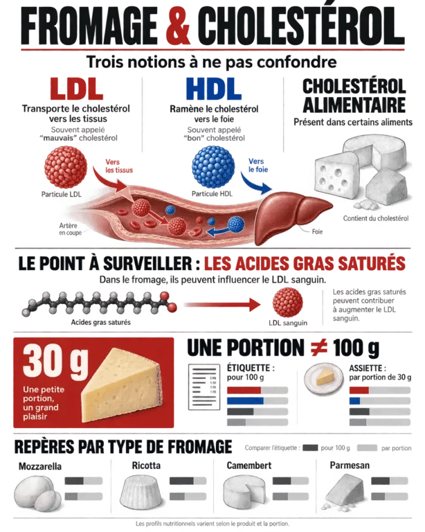 Infographie sur le fromage et le cholestérol, les portions de 30 g, le LDL et les acides gras saturés