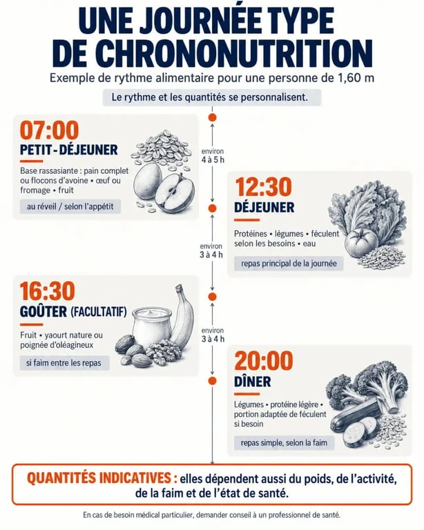 Infographie du menu chrononutrition 1m60 avec horaires et quatre repas de la journée