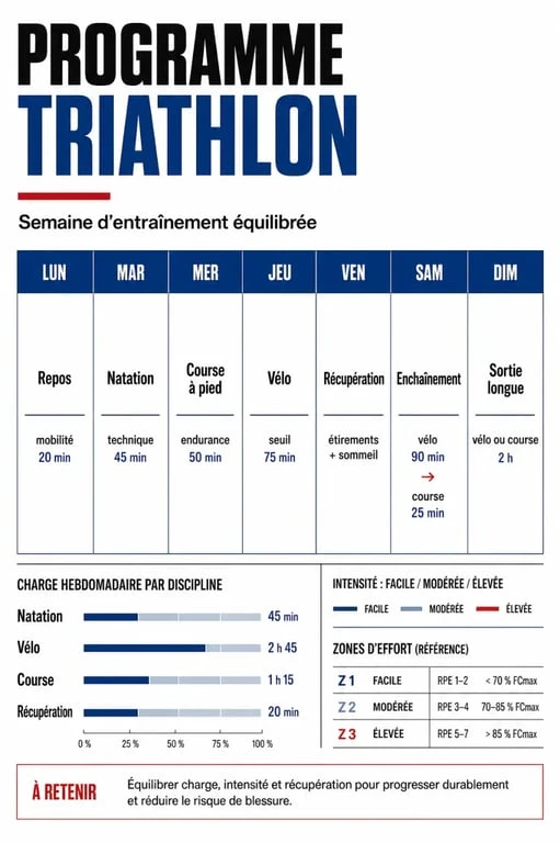 Programme entraînement triathlon : planning hebdomadaire avec natation, vélo, course à pied et récupération