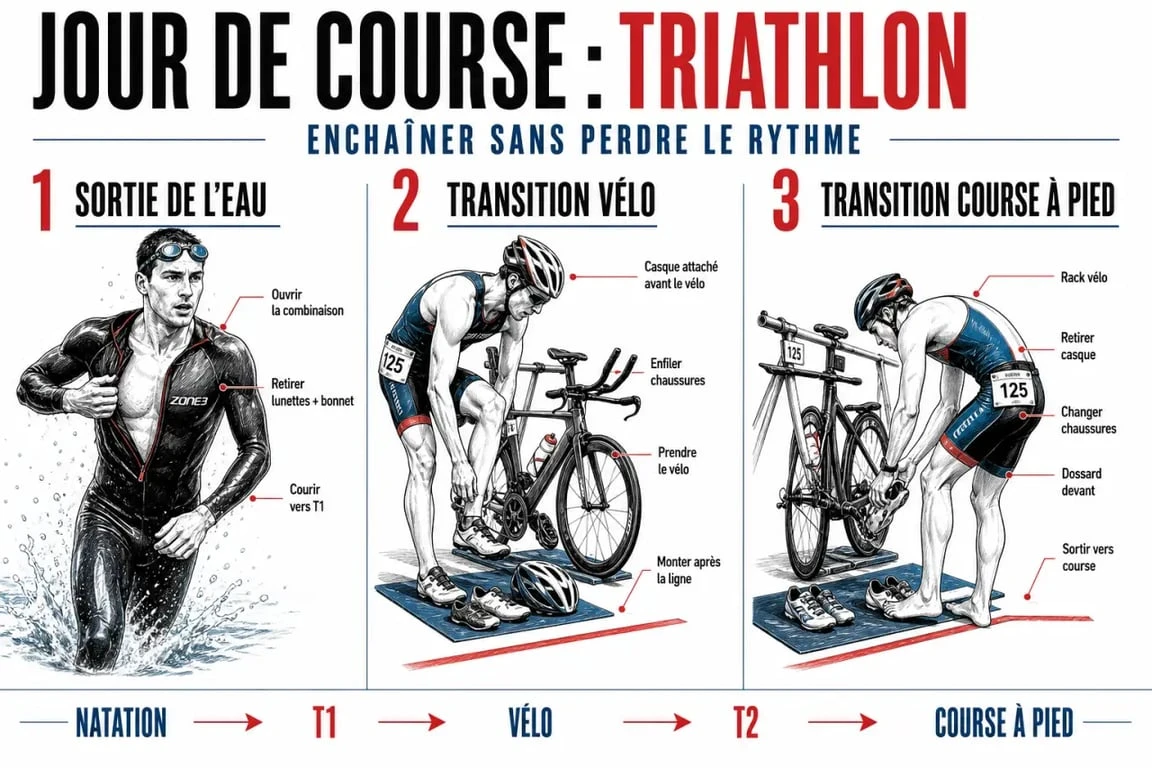 Programme entraînement triathlon : séquence du jour de course avec transitions natation, vélo et course à pied