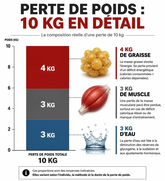Infographie sur la composition réelle d'une perte de poids avec le régime Thonon