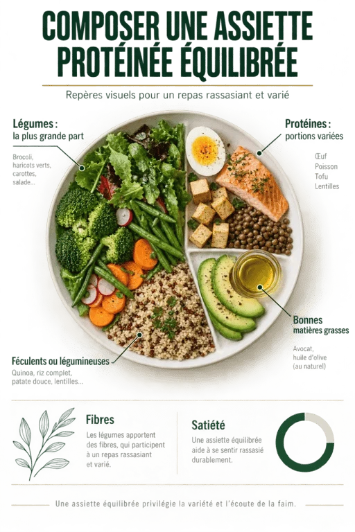 Repas protéiné perte de poids avec assiette équilibrée, légumes, féculents et matières grasses de qualité