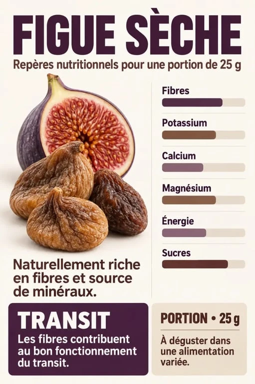 Infographie sur les bienfaits de la figue seche et ses apports en fibres, potassium et calcium
