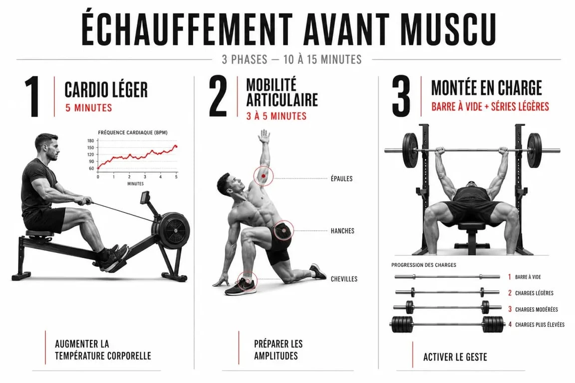 Échauffement avant muscu en 3 phases avec durée, objectif et exemples d’exercices