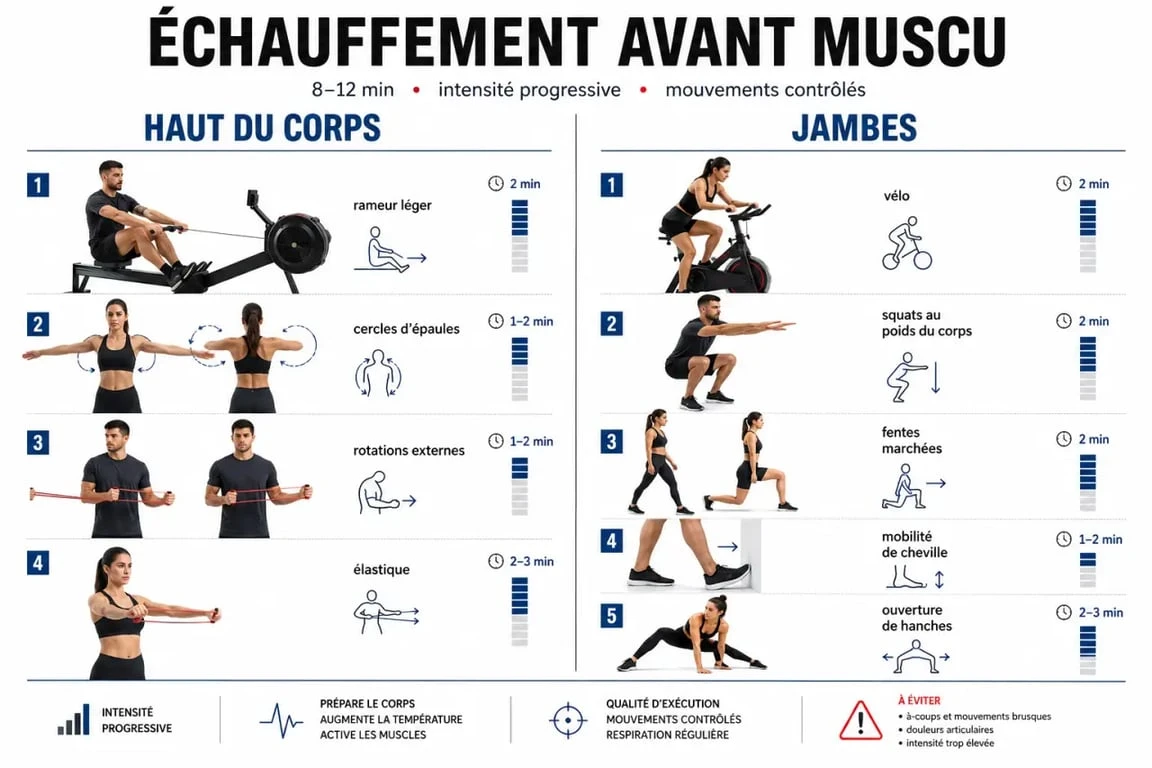 Échauffement avant muscu selon le haut ou le bas du corps avec exemples d’exercices