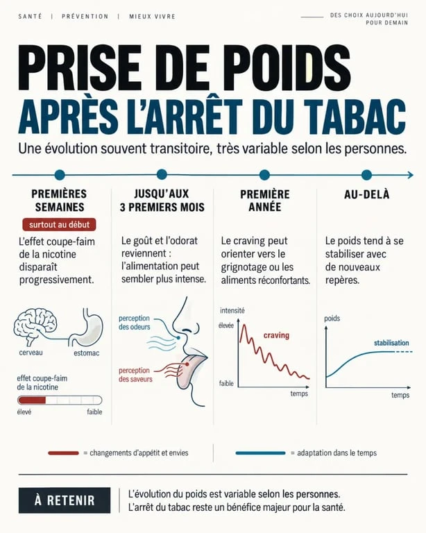 Infographie sur pendant combien de temps grossit-on après l’arrêt du tabac, avec une chronologie du sevrage et de la stabilisation du poids