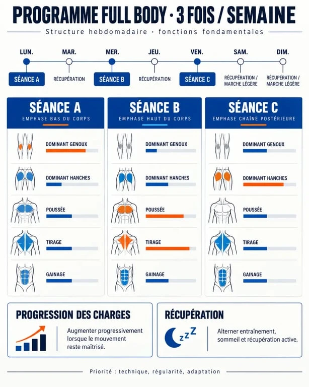 Programme de musculation 3 fois par semaine full body avec structure des séances et récupération
