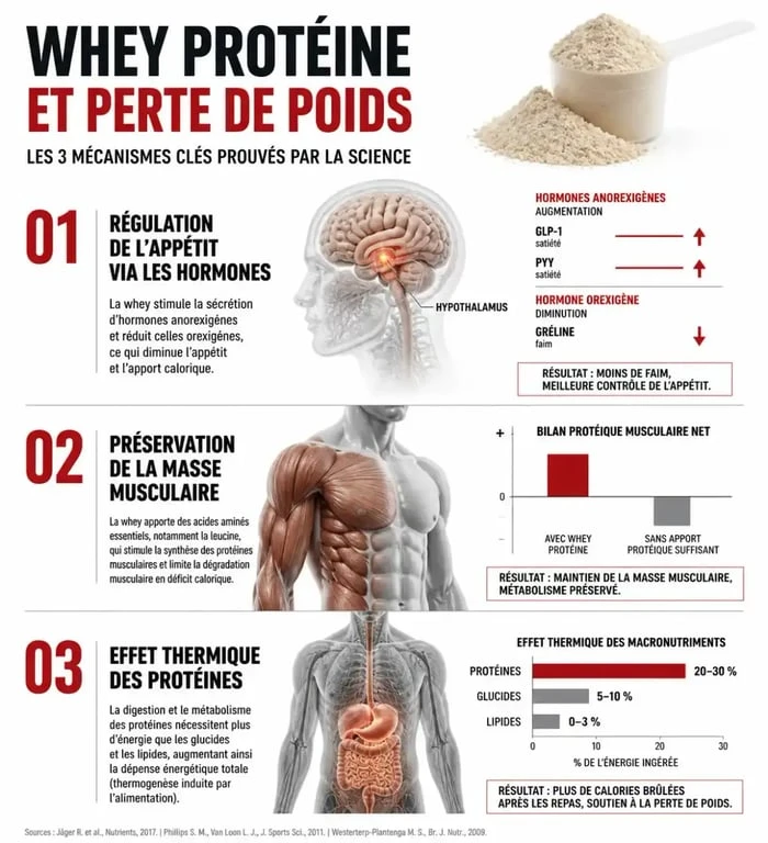 Infographie sur les bienfaits de la whey protéine pour la perte de poids et la satiété