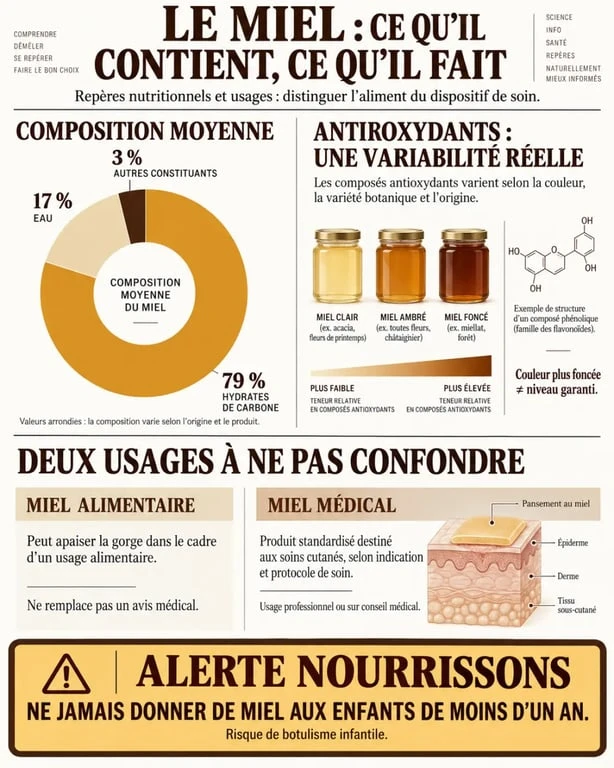 Infographie sur le miel sante, sa composition, ses antioxydants et ses précautions d’usage