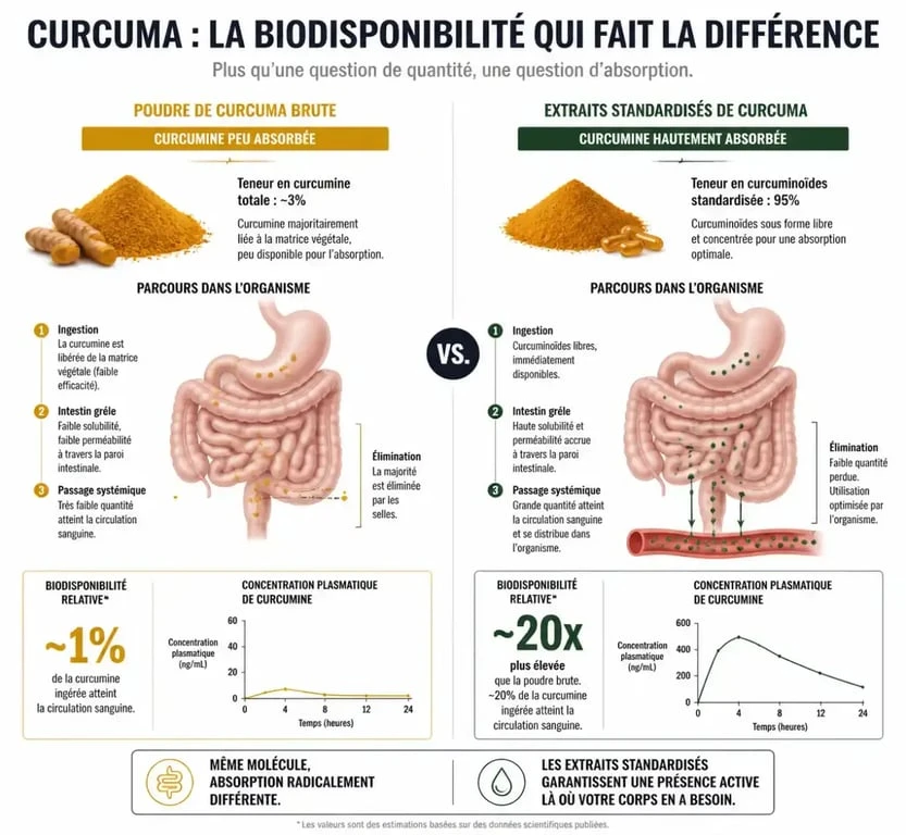 Comparaison de la biodisponibilité du curcuma et de la curcumine pour le traitement de l'arthrose