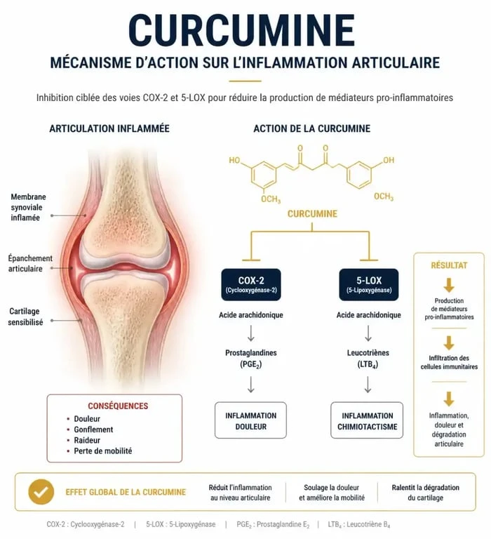 Schéma explicatif du mécanisme d'action du curcuma contre l'inflammation liée à l'arthrose