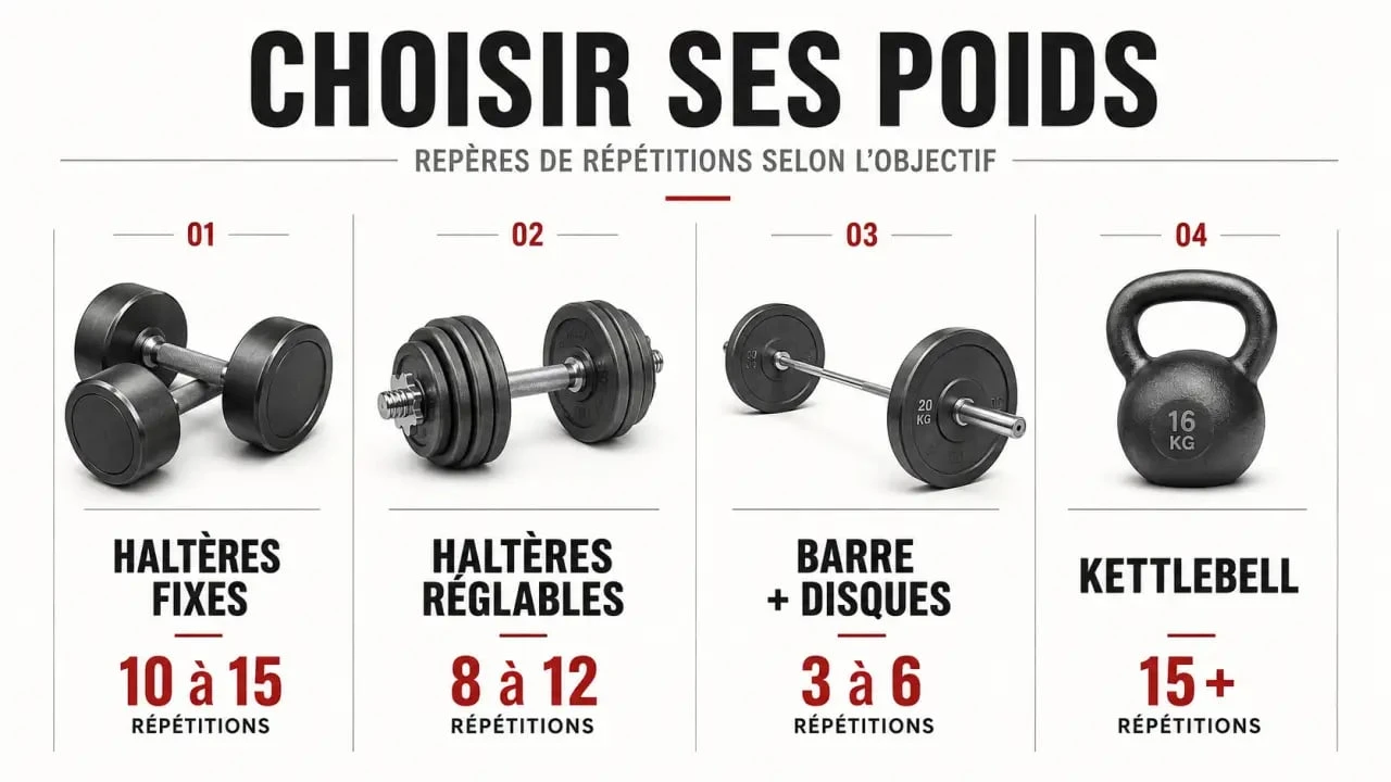 Poid musculation : comparatif des haltères, disques, barres et kettlebells avec repères de répétitions