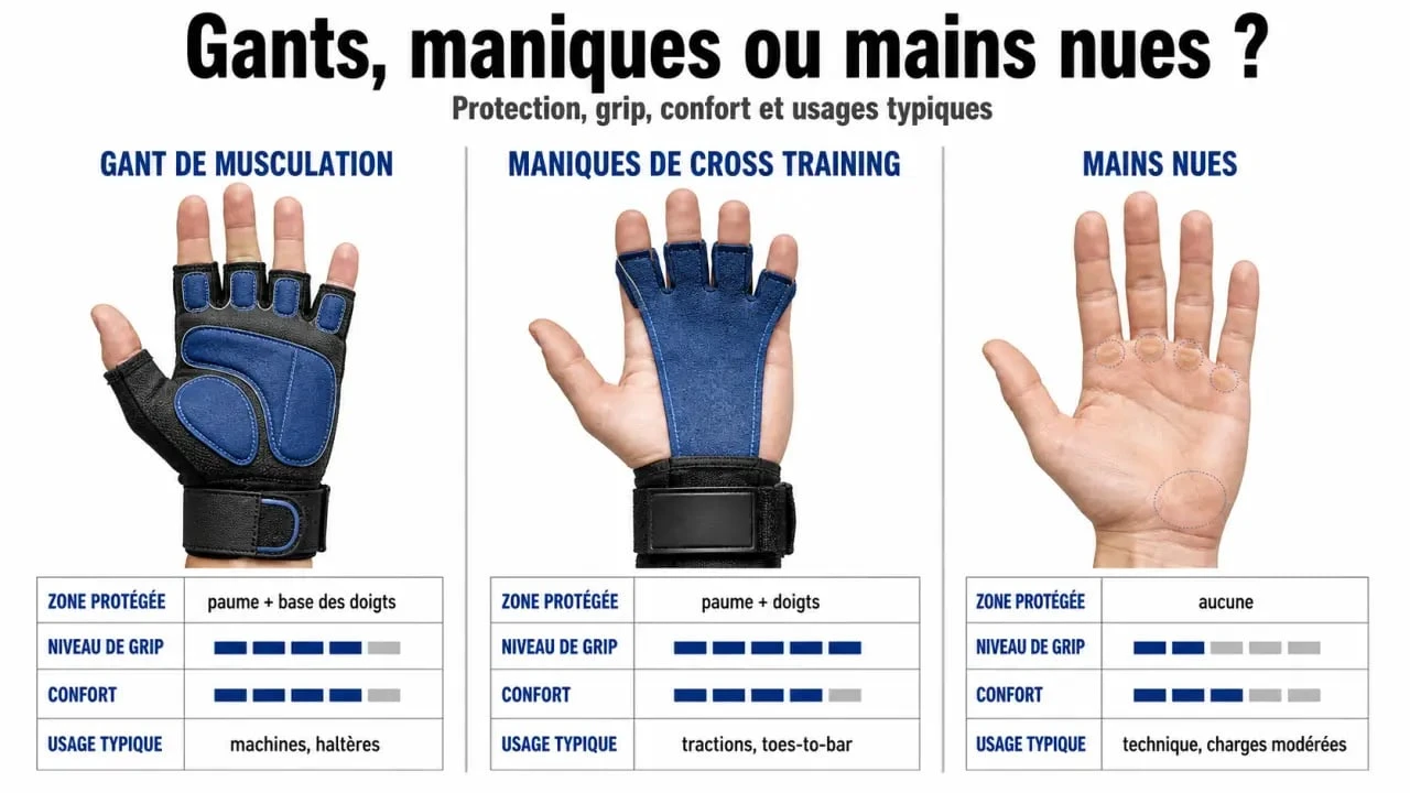 Comparatif gant musculation, maniques de cross training et mains nues pour choisir selon l’entraînement