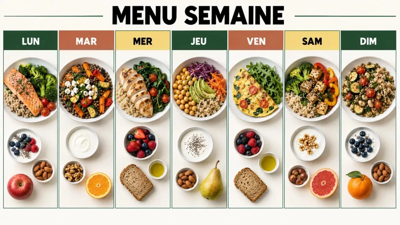 Menu semaine régime ménopause équilibré avec protéines, légumes, fibres et calcium