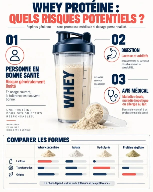 Infographie sur la whey protéine danger, les effets digestifs et les situations nécessitant un avis médical