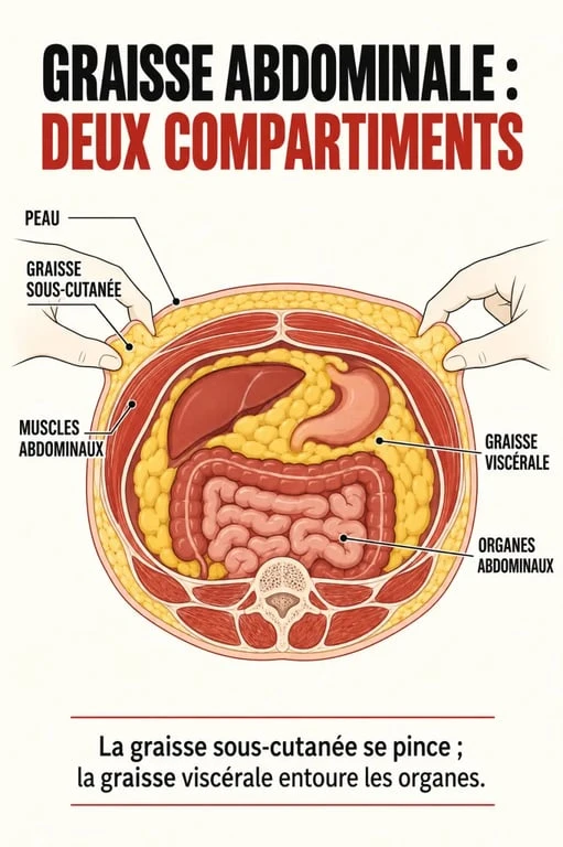 Schéma comparatif d’un bourrelet au ventre entre graisse sous-cutanée, graisse viscérale, muscles et peau