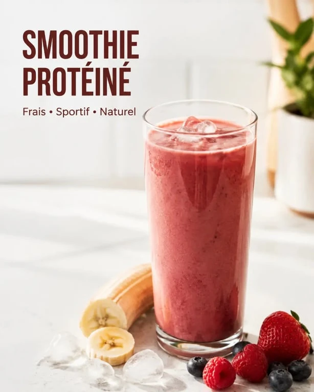 Smoothie proteine sport servi dans un verre haut avec fruits rouges et banane