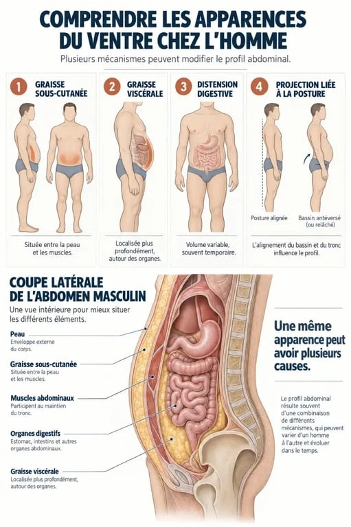 Infographie sur les causes possibles du ventre chez l’homme gros ventre : graisse viscérale, graisse sous-cutanée, distension et posture