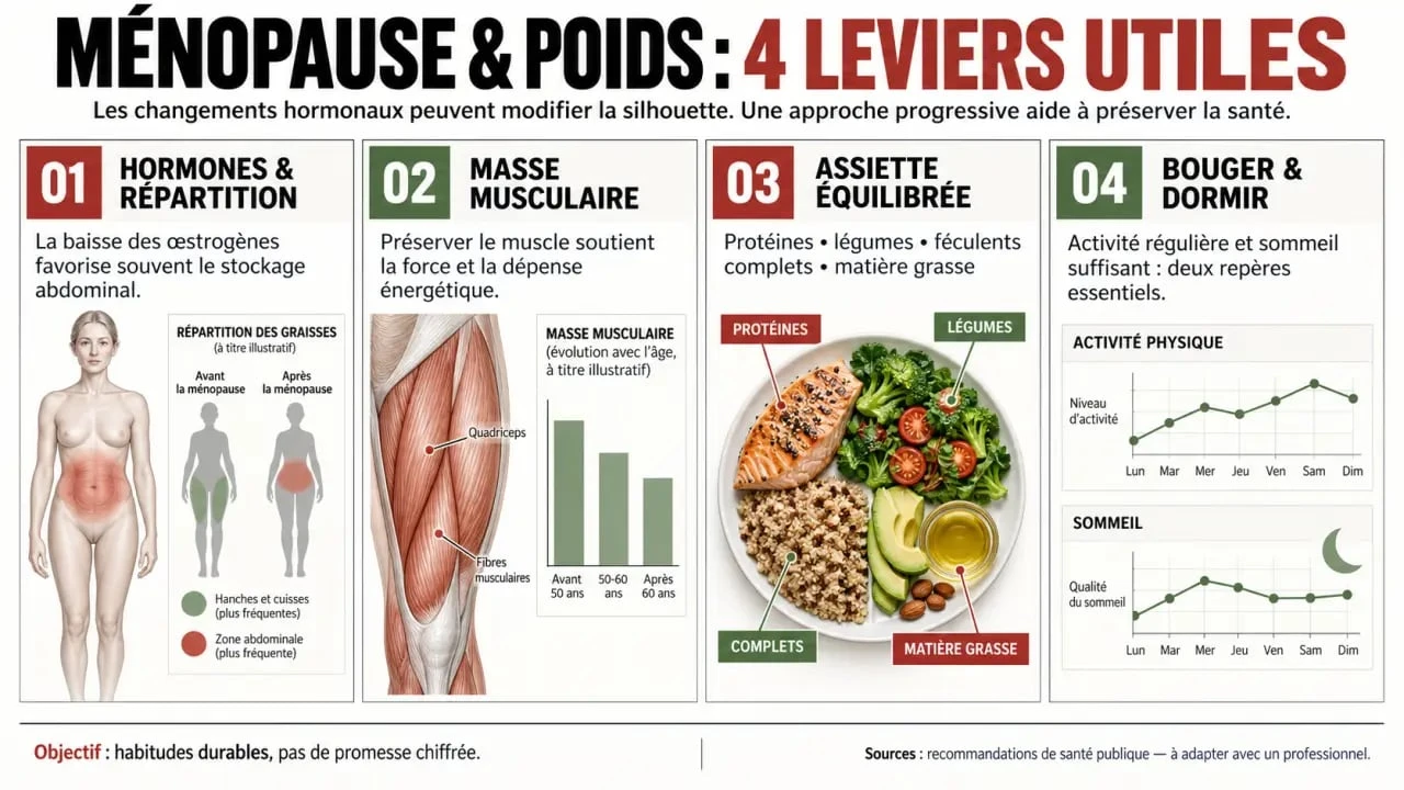 Infographie pour comprendre comment perdre 8 kilos à la ménopause grâce à l’alimentation, au renforcement musculaire et au sommeil