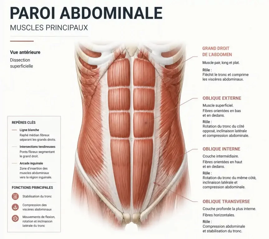 Schéma anatomique des muscles abdominaux pour localiser une courbature au ventre