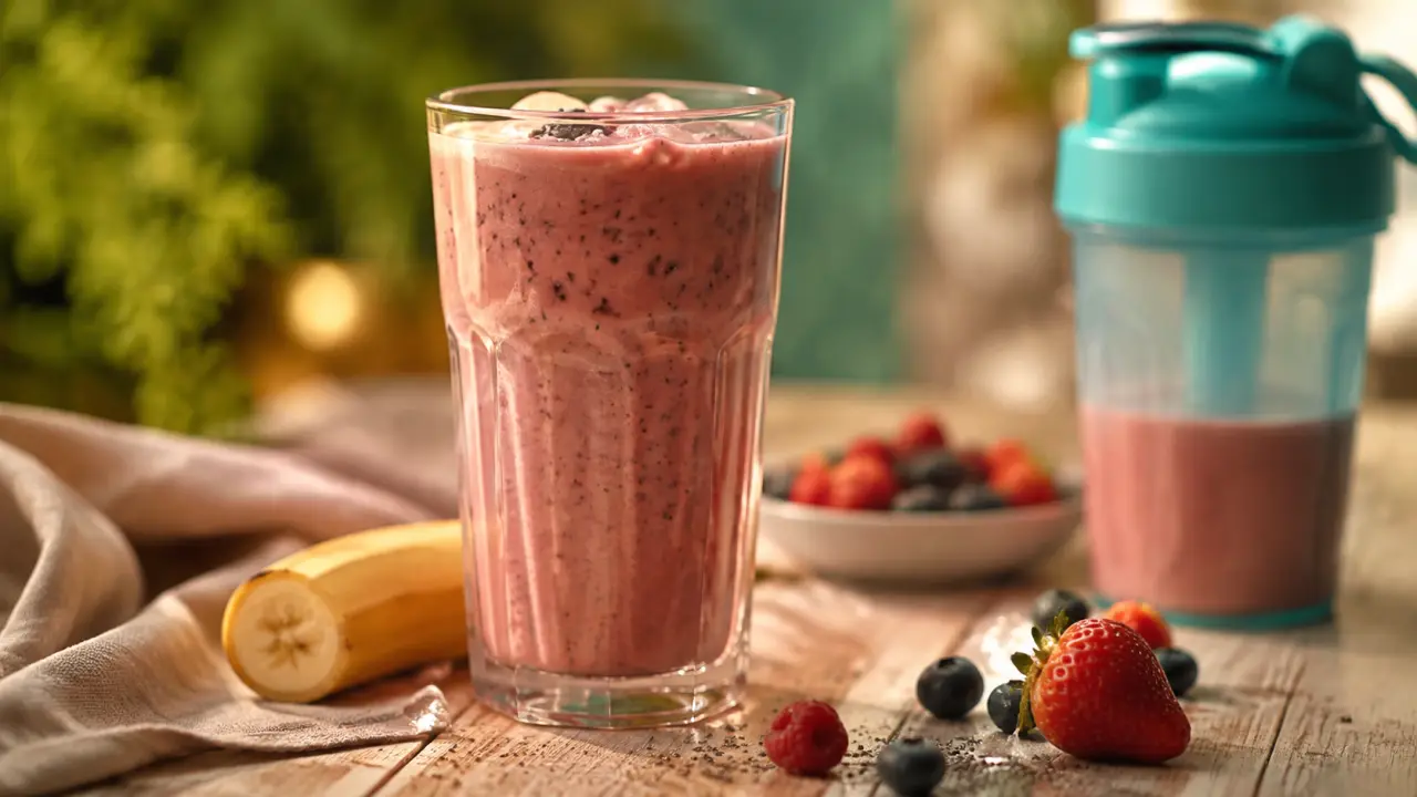 Smoothie proteine sport avec chia, banane et fruits rouges
