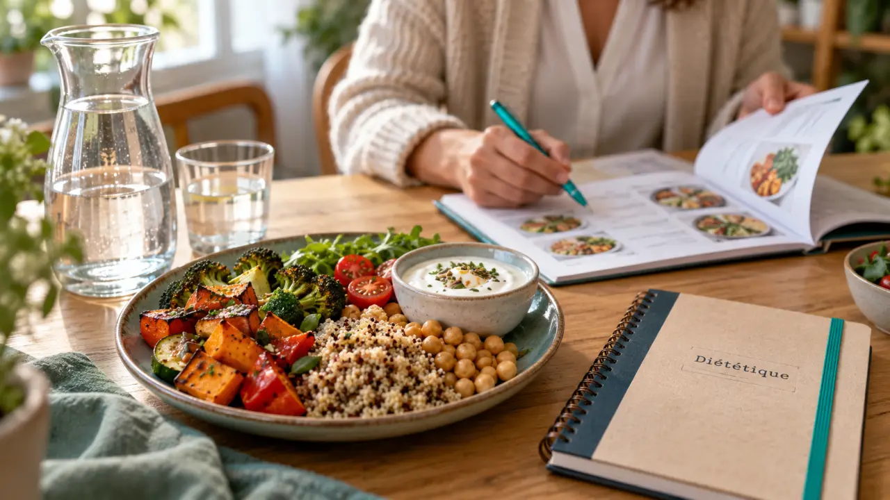 Diététique : assiette équilibrée, légumes, céréales complètes et yaourt