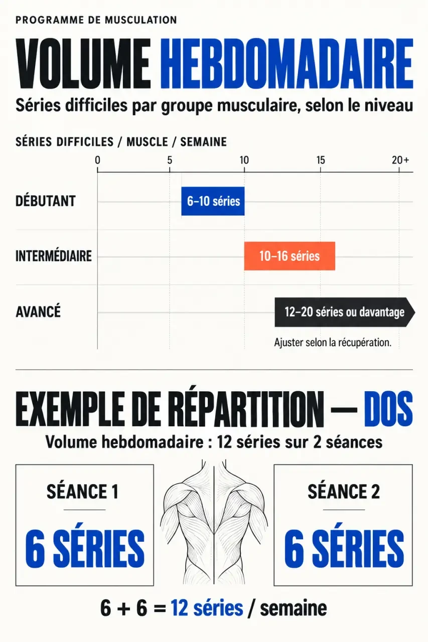 Infographie sur le programme de musculation volume et la répartition des séries hebdomadaires