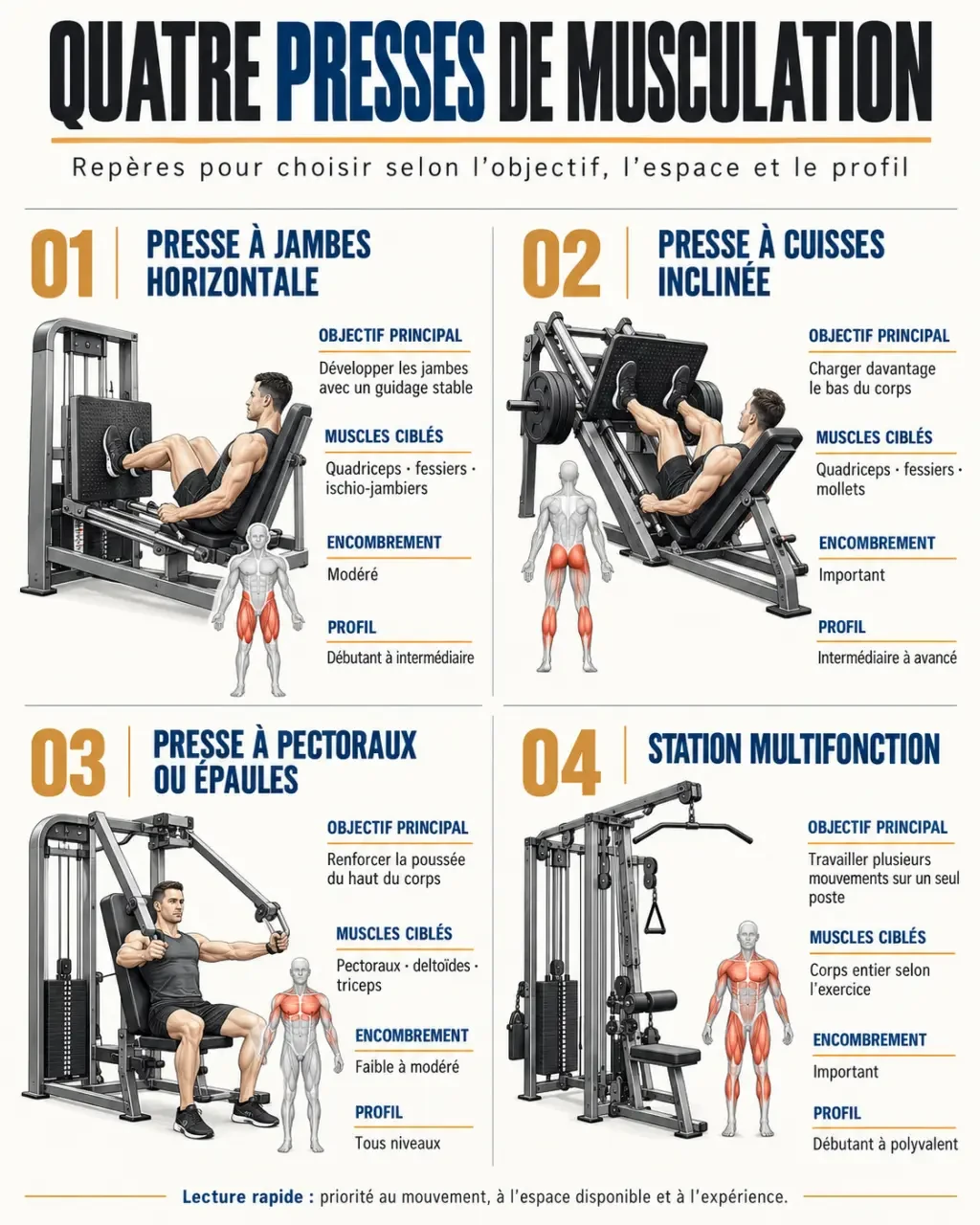 Infographie comparative des types de presse musculation et de leurs muscles ciblés
