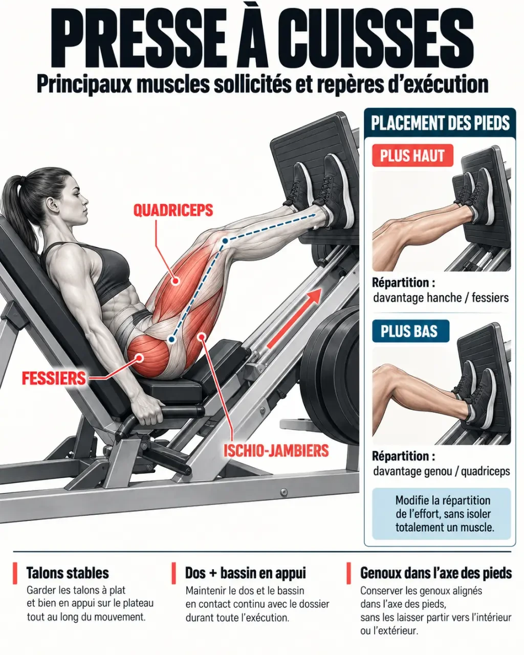 Schéma des muscles sollicités à la presse musculation et du placement des pieds