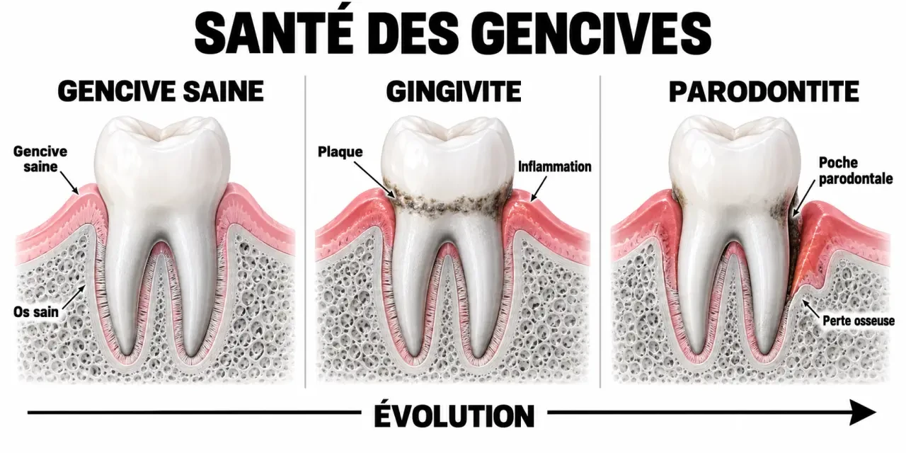 Schéma des stades d'une gencive qui saigne : gencive saine, gingivite et parodontite