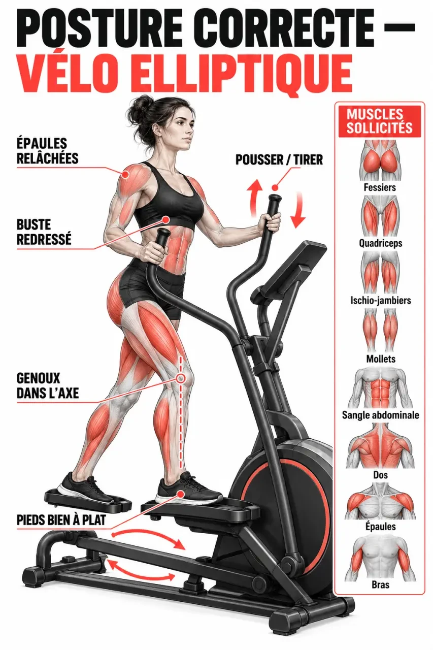 Bienfait elliptique : posture correcte et muscles sollicités pendant le mouvement