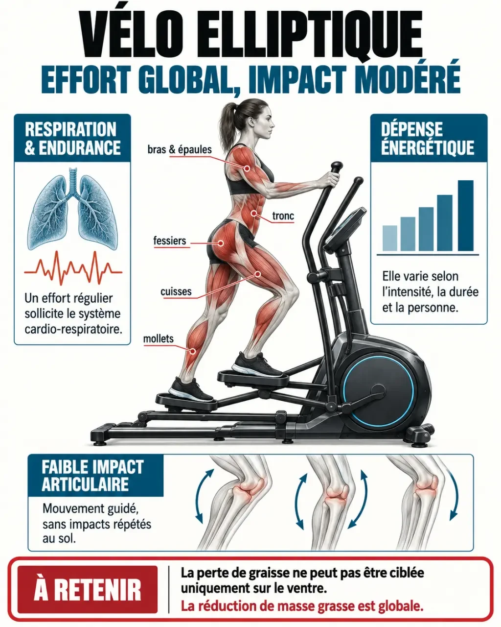 Bienfait elliptique : muscles sollicités, cardio, dépense énergétique et faible impact articulaire