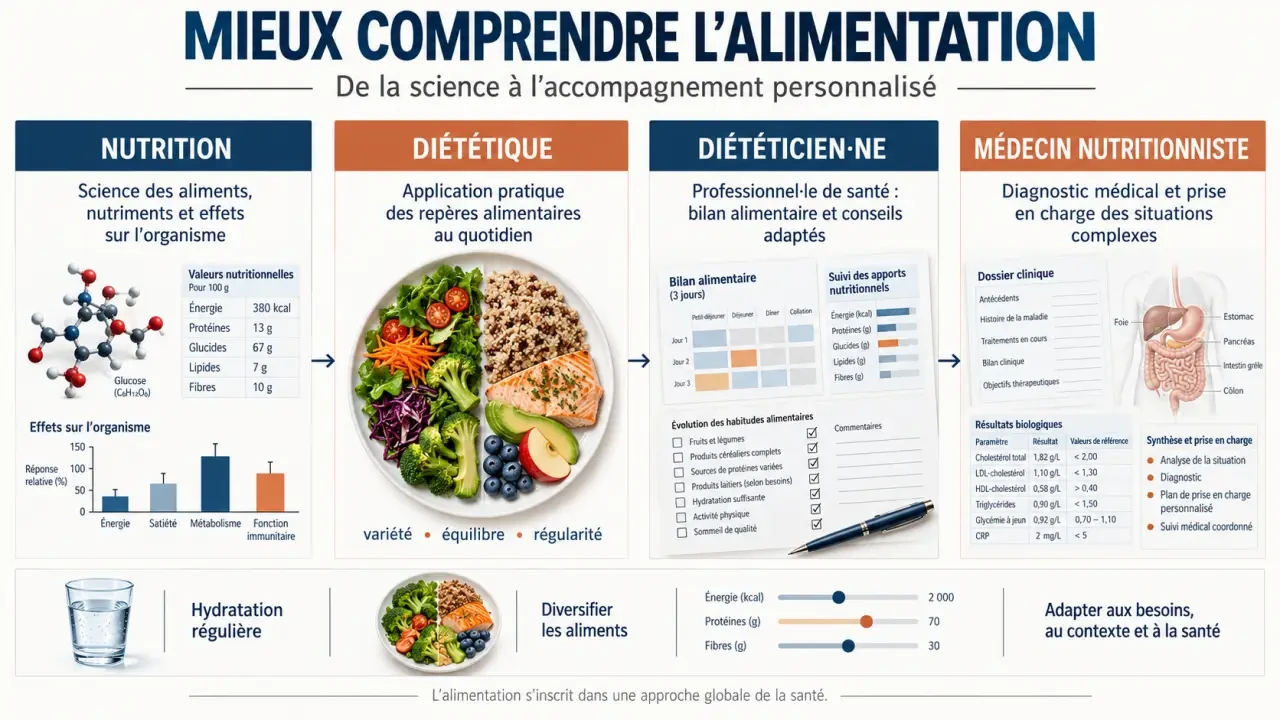 Visuel explicatif sur la diététique, la nutrition, le diététicien et le médecin nutritionniste