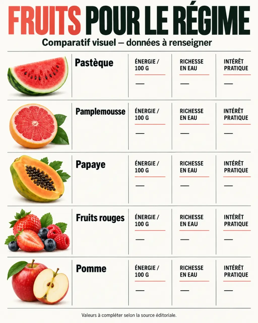 Fruits pour régime comparés selon les calories, l’eau et l’intérêt pratique
