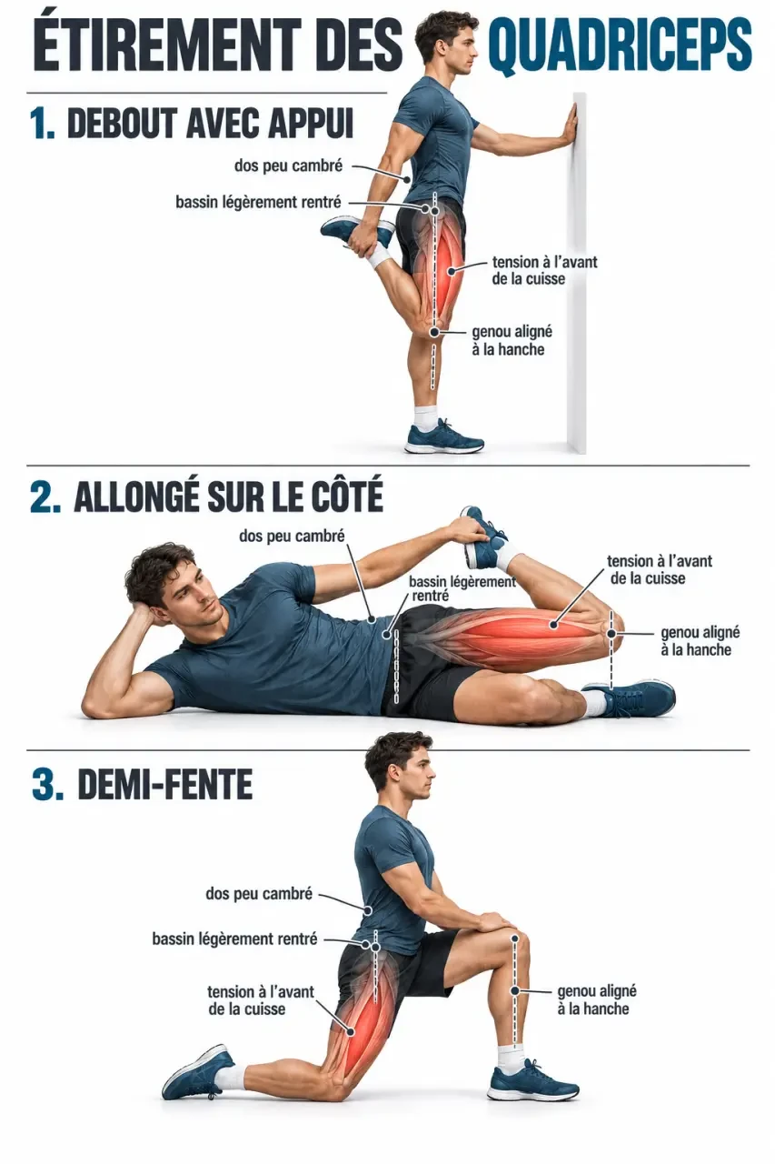 Illustration des positions pour un quadriceps étirement correct avec bassin stable et genou aligné