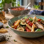 Est ce que les pate font grossir ? Portion de pâtes, légumes rôtis et poulet