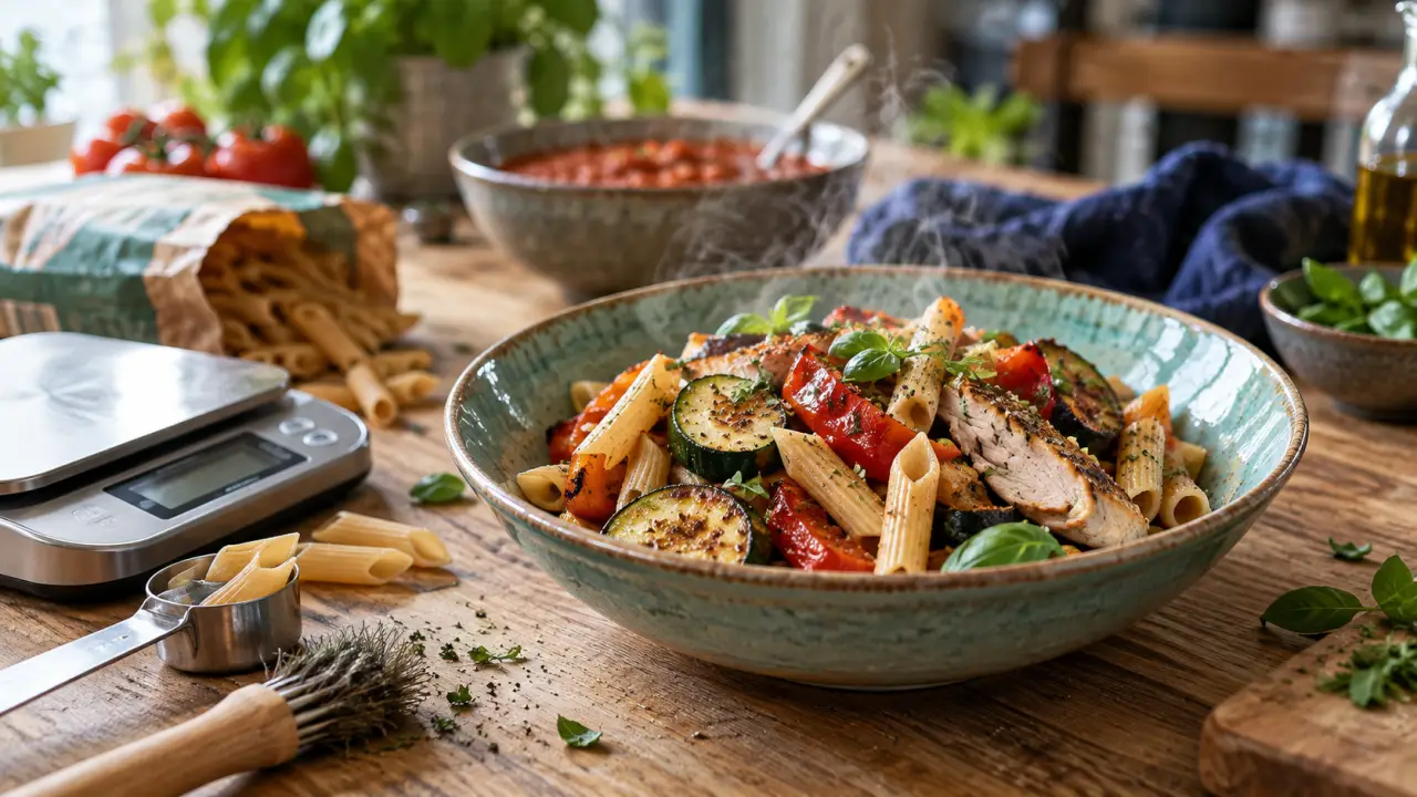 Est ce que les pate font grossir ? Portion de pâtes, légumes rôtis et poulet
