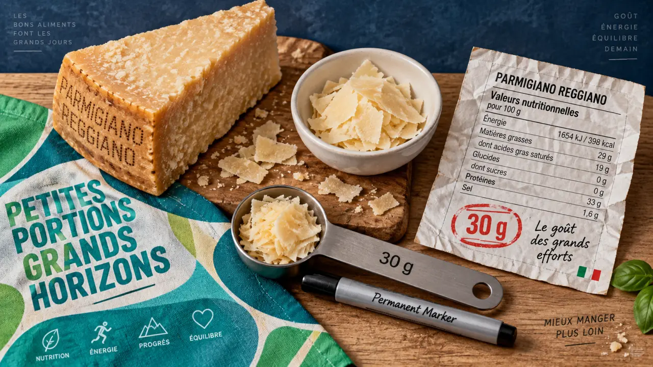Parmesan protéine : portion 30 g et 38 g protéines pour 100 g